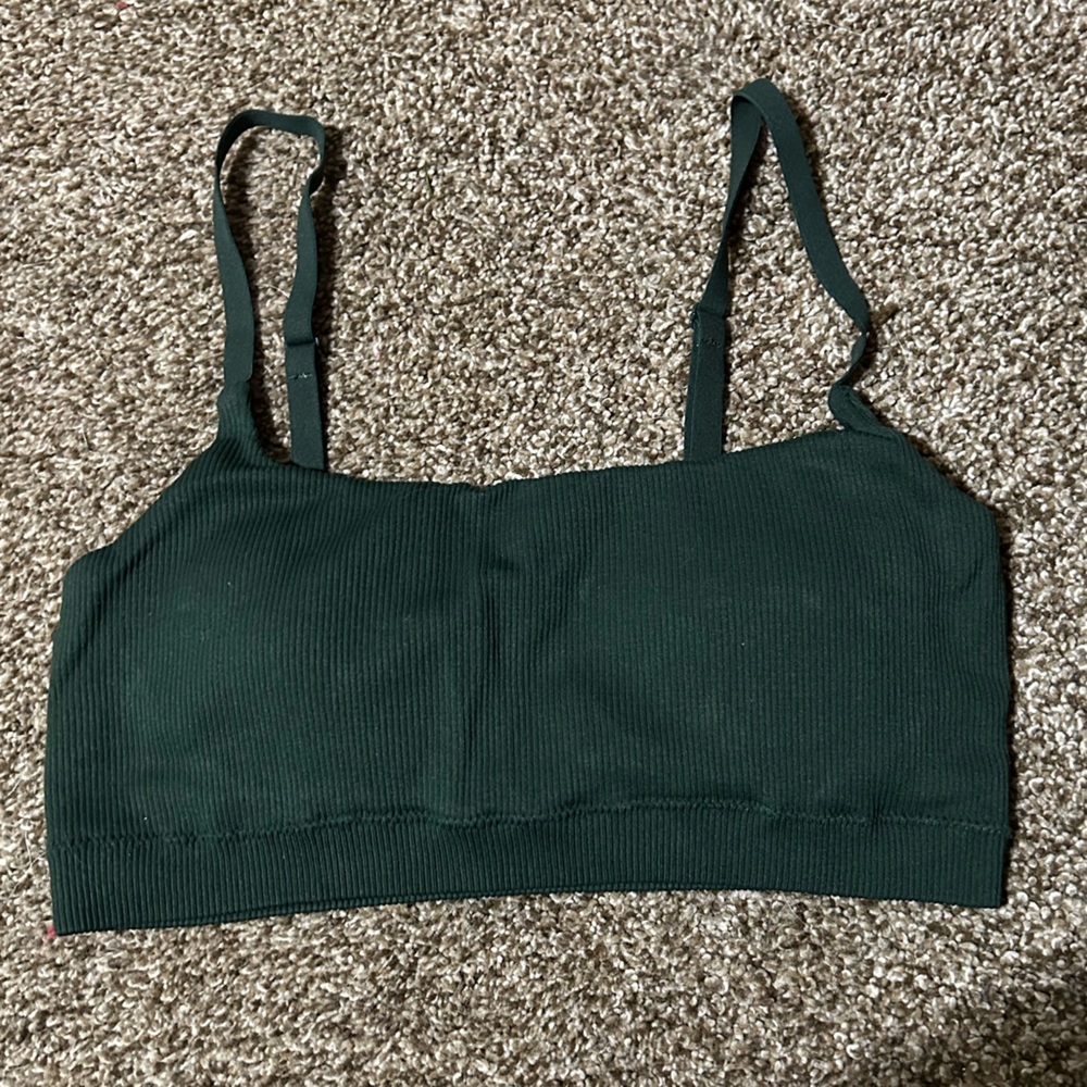 aerie Dark Green Ribbed Bandeau Bralette with Straps